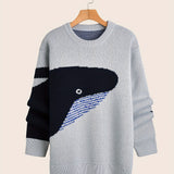 kkboxly  Cartoon Whale Print, Loose Fit Warm Sweater, Men's Casual Retro Style Slightly Stretch Crew Neck Pullover Sweater For Fall Winter