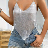 kkboxly  Solid Cowl Neck Hanky Hem Halter Top, Versatile Chain Strap Backless Halter Neck Top For Club & Party, Women's Clothing
