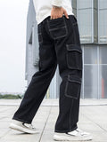 Multi Pocket Wide Leg Jeans, Men's Casual Street Style Loose Fit Cargo Denim Pants For All Seasons