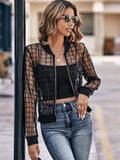 kkboxly  Sheer Bomber Jacket, Casual Zip Up Long Sleeve Solid Outerwear, Women's Clothing