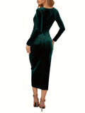 kkboxly  Long Sleeve Draped Dress, Elegant Surplice Neck Slim Dress, Women's Clothing