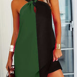 kkboxly  Color Block Halter Neck Dress, Casual Criss Cross Sleeveless Dress For Spring & Summer, Women's Clothing