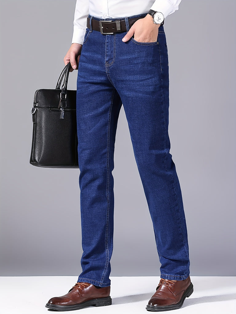 kkboxly  Classic Design Regular Fit Jeans, Men's Semi-formal Medium Stretch Denim Pants For All Seasons Business