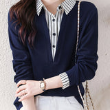 Striped Print Color Block Splicing Shirt, Casual Long Sleeve Button Front Shirt For Spring & Fall, Women's Clothing