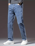 kkboxly  Men's Stylish Cotton Blend Solid Denim Trousers With Pockets, Causal Breathable Slim-fit Jeans For Spring Fall Outdoor Activities