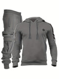 kkboxly Men's Casual 2pcs Set, High Stretch Sports Hoodie & Multi Pocket Joggers Matching Set For Gym Workout Training