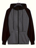 kkboxly  Stripe Pattern, Men's Zipper Hooded Jacket, Casual Comfy Loose Long Sleeve Hoodie, Men's Clothing