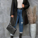 kkboxly  Plus Size Casual Winter Coat, Women's Plus Solid Long Sleeve Drawstring Fuzzy Trim Hooded Zip Up Snap Buttons Tunic Parka Coat With Pockets