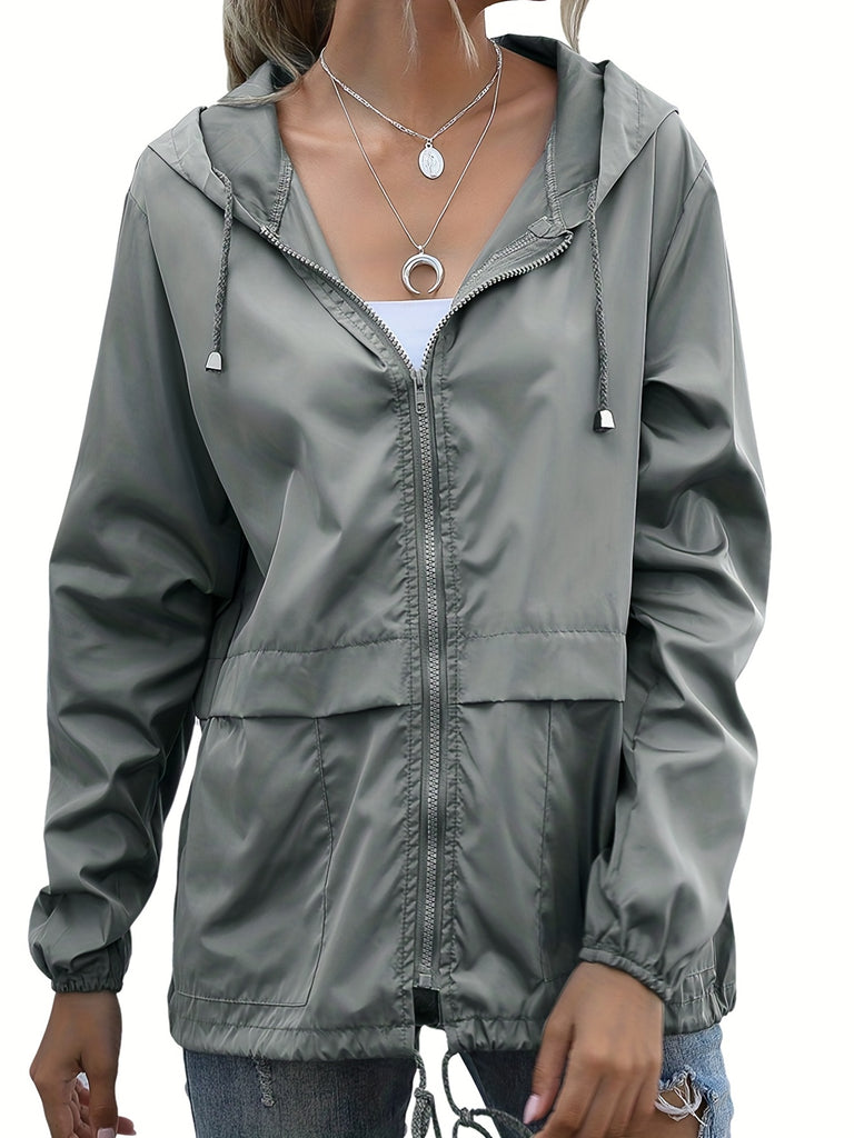 Drawstring Solid Hooded Jacket, Casual Long Sleeve Versatile Outerwear, Women's Clothing