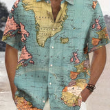 kkboxly  Plus Size Men's Hawaiian Shirts For Beach, Comfy Full Retro Map Printed Short Sleeve Aloha Shirts, Oversized Casual Loose Tops For Summer
