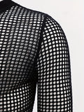 kkboxly  Trendy Knitted Mesh Fishnet Sweater, Men's Casual Sexy  Crew Neck Pullover Sweater For Men Clubwear