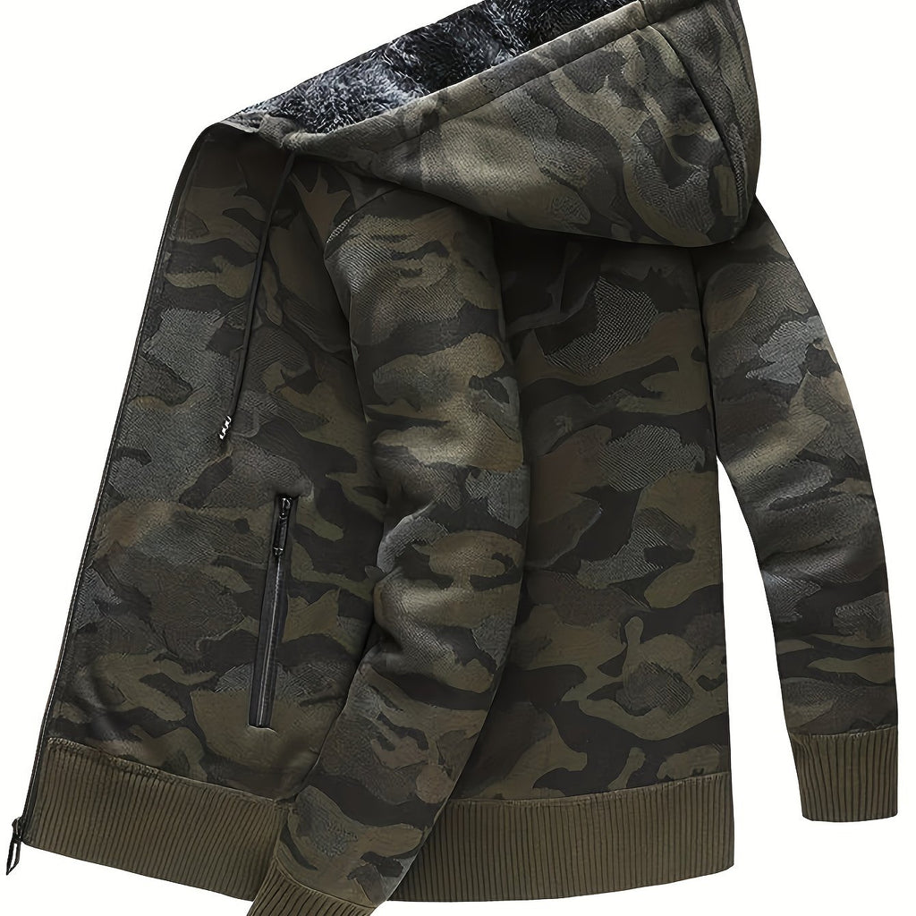 kkboxly Warm Fleece Camouflage Pattern Hooded Jacket, Men's Casual Zipper Pockets Slightly Stretch Sweatshirt Jacket For Fall Winter