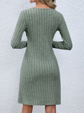 kkboxly  Solid Ribbed Dress, Casual Button Front V Neck Long Sleeve Dress, Women's Clothing