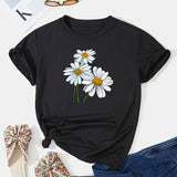kkboxly  Cute Daisy Print T-Shirt, Short Sleeve Crew Neck Casual Top For All Season, Women's Clothing