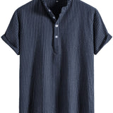 kkboxly  Men's Cotton & Linen Striped Half Button Shirt