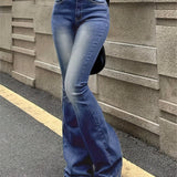 kkboxly Plain Washed Retro Flare Jeans, Slim Fit High Stretch Slant Pockets Bell Bottom Jeans, Women's Denim Jeans & Clothing