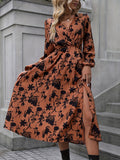 kkboxly  Floral Print Split V Neck Dress, Elegant Long Sleeve Dress For Spring & Fall, Women's Clothing