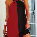 kkboxly  Color Block Halter Neck Dress, Casual Criss Cross Sleeveless Dress For Spring & Summer, Women's Clothing