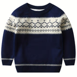 Retro Geometric Pattern Boys Casual Color Block Knitted Sweater For Fall Winter, Gift For Kids