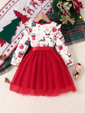 Little Girls' Cartoon Christmas Party Dress - Long Sleeve A-line Tutu Dress with Ribbon Belt, Holiday Gift Pattern for Celebrations