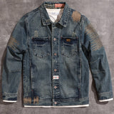 kkboxly Men's Stylish Stripe Pattern Cotton Blend Denim Jacket With Chest Pockets, Casual Breathable Lapel Button Up Long Sleeve Outwear For Spring Fall