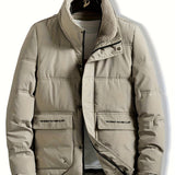 kkboxly  Fashionable Men's Stand Collar Zipper Snap Button Solid Fleece Winter Jacket,Suitable For Winter,Street Outdoor,Comfortable,Warm And Versatile