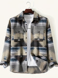 kkboxly  Stylish Geometric Pattern Men's Woven Long Sleeve Button Down Shirt Jacket With Pockets, Men's Fall Winter All-match Outwear