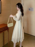 kkboxly  Solid Contrast Lace Dress, Elegant Long Sleeve Squared Neck Ruched Dress, Women's Clothing