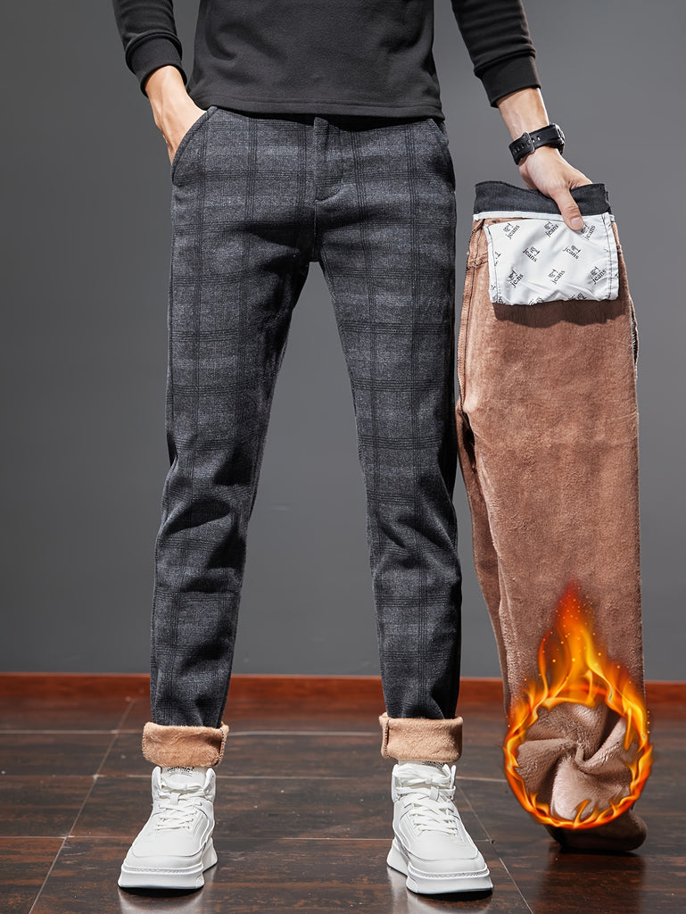 kkboxly  Men's Warm Fleece Retro Plaid Casual Pants For Fall Winter