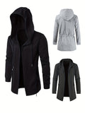 kkboxly  Plus Size Men's Casual Hooded Jacket, Solid Color Lengthened Cardigan Long Sleeved Loose Drawstring Coat