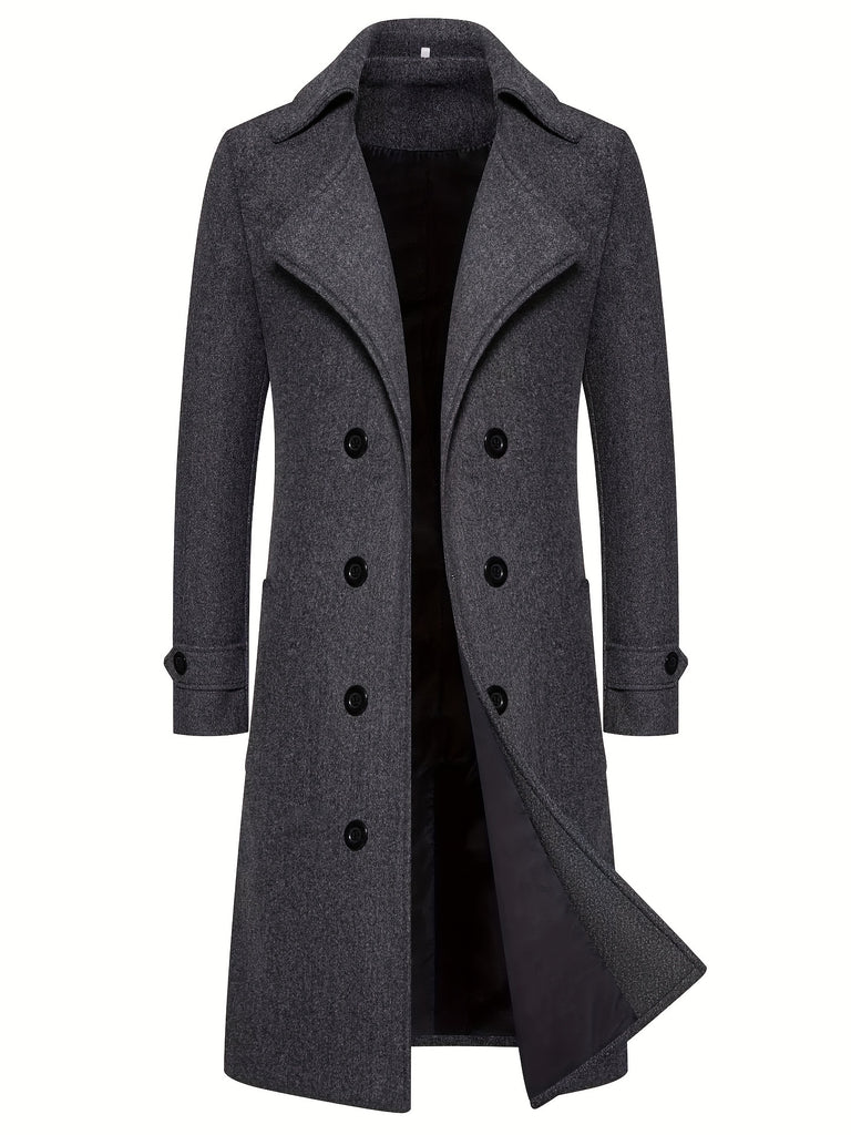 kkboxly  Classic Design Warm Coat, Men's Semi-formal Long Length Double Breasted Lapel Coat For Fall Winter Business