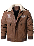kkboxly  Men's Bomber Motorcycle Leather Jacket Vintage Fleece Faux Leather Jacket Gifts
