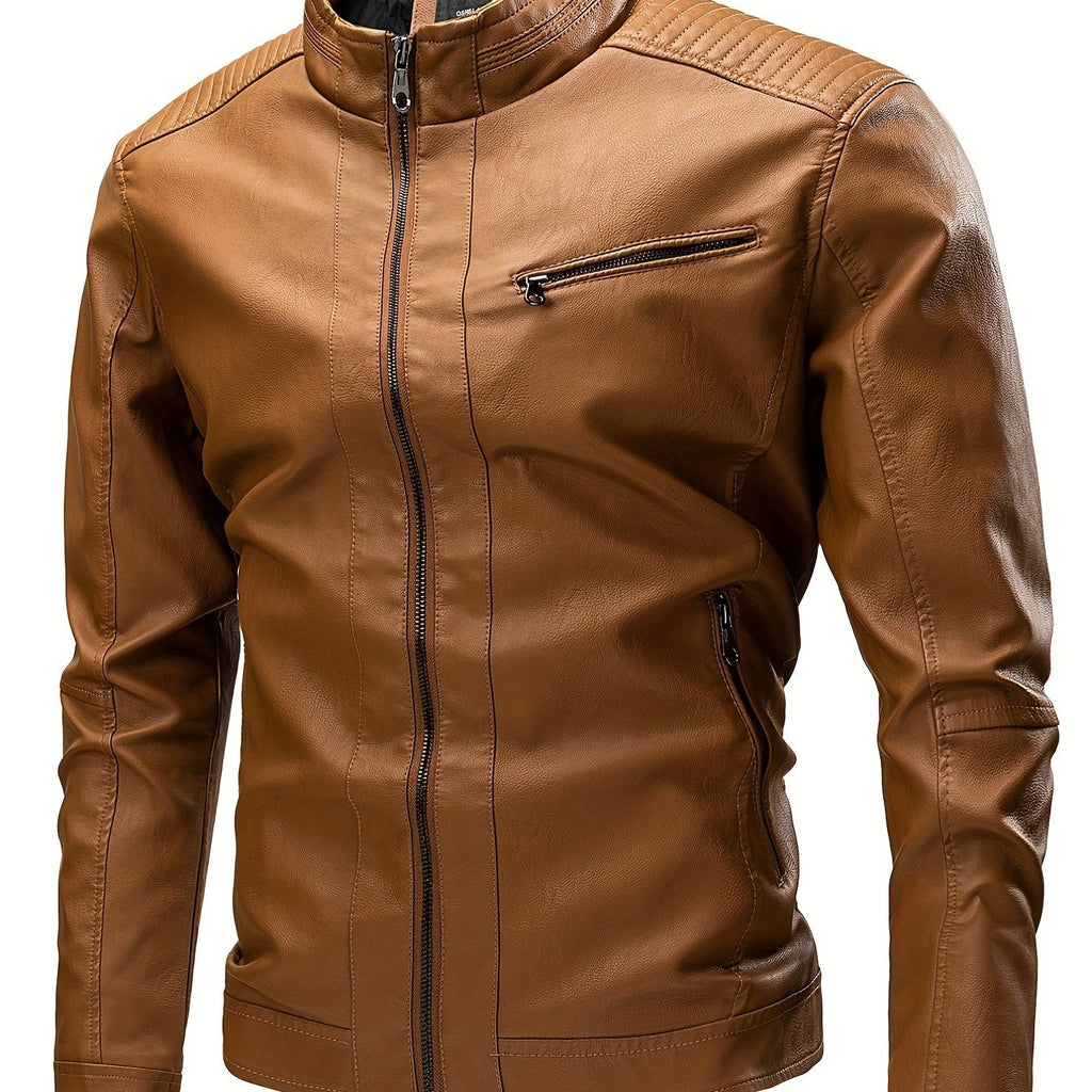 kkboxly  Vintage PU Leather Jacket, Men's Casual Zip Up Stand Collar Faux Leather Jacket For Spring Fall Outdoor