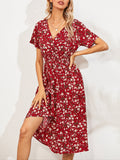 kkboxly  Floral Print V Neck Boho Dress, Slim Short Sleeve Casual Party Dress For Summer & Spring, Women's Clothing