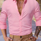 kkboxly  Slim Fit Shirt, Men's Semi Formal Lapel Button Up Long Sleeve Shirt For Spring Summer Business