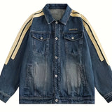 kkboxly  Men's Stylish Stripe Pattern Comfy Denim Jacket With Pockets, Casual Breathable Lapel Button Up Long Sleeve Top For City Walk Street Hanging Outdoor Activities