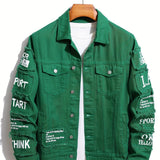 kkboxly  Letter Print Denim Jacket, Men's Casual Chic Lapel Chest Pocket Jacket