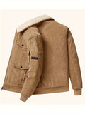 kkboxly Men's Trendy Corduroy Jacket, Casual Lapel Zip Up Warm Fleece Coat For Outdoor Fall Winter