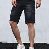 kkboxly  Flap Pockets Cargo Denim Shorts, Men's Casual Multi Pocket Mid Stretch Waist Drawstring Cargo Denim Shorts For Summer Outdoor