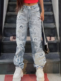 Letter Patch Faded Frayed Boyfriend Jeans, Distressed Loose Low Waist Street Style Denim Pants, Women's Denim Jeans & Clothing