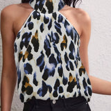 kkboxly  Leopard Print High Neck Blouse, Sexy Sleeveless Ruched Blouse, Women's Clothing