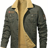 kkboxly  Men's Warm Fleece Cotton Jacket For Fall Winter, Casual Lapel Biker Jacket Coat