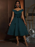 kkboxly Criss Cross Solid Midi Dress, Elegant V Neck A Line Party Dress, Women's Clothing