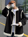 kkboxly  Men's Casual Preppy Style Jacket, Chic Lapel Color Block Jacket