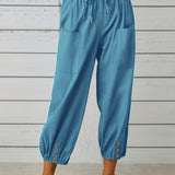 kkboxly  Plus Size Casual Pants, Women's Plus Solid Bow Knot Elastic Button Decor Pants With Pockets