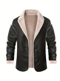 kkboxly Men's Stylish Solid Faux Leather Jacket With Pockets, Active Slightly Stretch Breathable Lapel Zip Up Long Sleeve Fleece Jacket  For Hiking Jogging Cycling Outdoor Fitness Workout