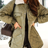 Solid Argyle Print Parka, Casual Button Front Long Sleeve Warm Outerwear, Women's Clothing