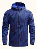kkboxly  Men's Casual Geometric Print Windbreaker Jacket, Chic Hooded Thin Lightweight Outdoor Jacket