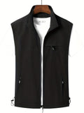 kkboxly  Zipper Pockets Cargo Vest, Men's Casual Stand Collar Zip Up Vest For Spring Summer Outdoor Fishing Photography