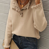 kkboxly  Solid V Neck Button Ruffle Hem Pullover Sweater, Casual Long Sleeve Sweater For Fall & Winter, Women's Clothing